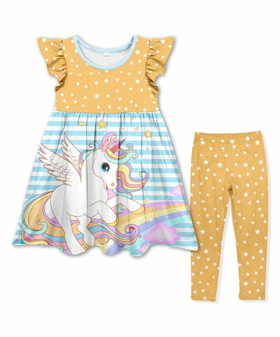 New โญ Flash Sale ๐ Penelope Plumm Yellow & Aqua Unicorn Angel-Sleeve ๐ ๐ Dress & Yellow Stars Leggings - Toddler & ๐ง Girls ๐ โจ