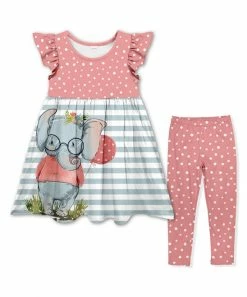 Best Pirce 🔔 Buy ✔️ Penelope Plumm Pink & Gray Elephant Angel-Sleeve 👗 👗 Dress & Pink Dot Leggings - Toddler & 👧 Girls 🤩 🛒