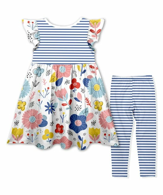 Coupon โญ Best Pirce ๐ Penelope Plumm Blue & Pink Floral Angel-Sleeve ๐ ๐ Dress & Blue Stripe Leggings - Toddler & ๐ง Girls ๐ ๐ - Image 2