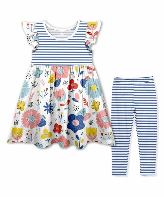 Coupon โญ Best Pirce ๐ Penelope Plumm Blue & Pink Floral Angel-Sleeve ๐ ๐ Dress & Blue Stripe Leggings - Toddler & ๐ง Girls ๐ ๐