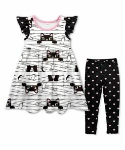 Promo 👍 Top 10 🧨 Penelope Plumm White & Black Cat Angel-Sleeve 👗 👗 Dress & Black Heart Leggings 🛒 🤩
