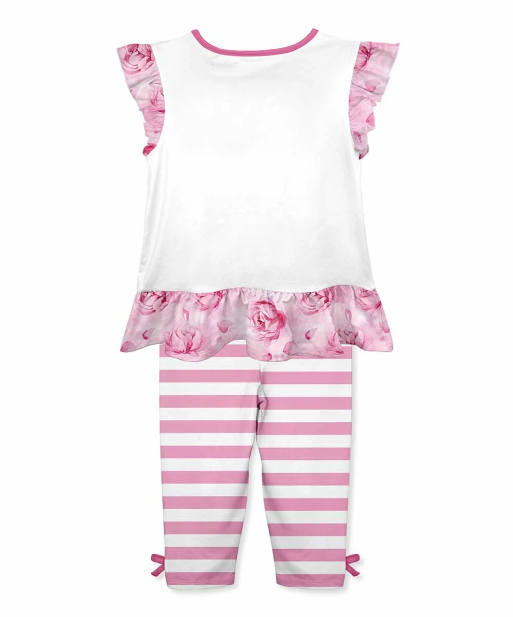 Outlet ๐ Promo โ Penelope Plumm White ๐ถ ๐ถ Dog Floral Angel-Sleeve Top & Pink Stripe Leggings - Toddler & ๐ง Girls ๐ โ - Image 2