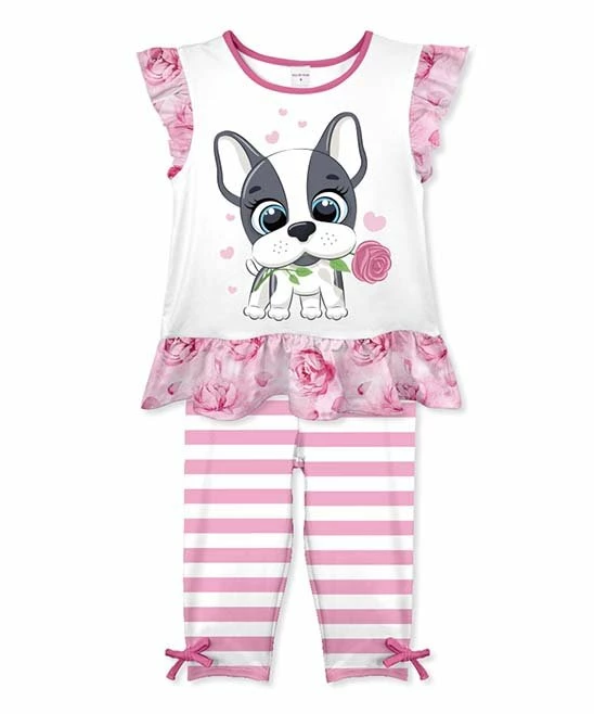 Outlet ๐ Promo โ Penelope Plumm White ๐ถ ๐ถ Dog Floral Angel-Sleeve Top & Pink Stripe Leggings - Toddler & ๐ง Girls ๐ โ