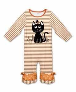 Wholesale ✨ Flash Sale 🥰 Penelope Plumm Orange & Black Stripe Cat Ruffle-Accent Playsuit - Toddler 💯 👍
