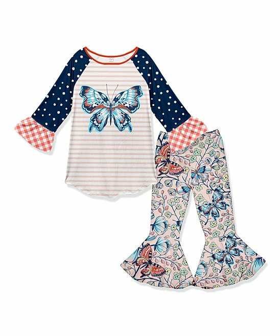 Best deal โ๏ธ Brand new ๐ Penelope Plumm Navy & Cream Stripe Butterfly Raglan Tunic & Flare Pants - Toddler & ๐ง Girls ๐ ๐