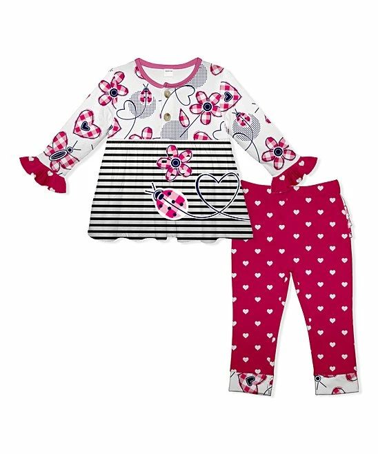 Wholesale โจ Best Sale โ๏ธ Penelope Plumm White & Black Stripe Floral Babydoll Tunic & Red Hearts Leggings - Infant & Toddler ๐ ๐ฅ