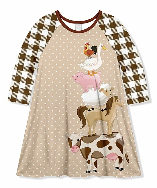 Budget ✨ Discount 🌟 Penelope Plumm Khaki & White Checkerboard Animals Raglan 👗 👗 Dress - Toddler & 👧 Girls 💯 👍