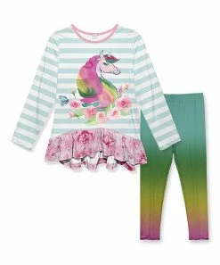 Deals ✨ Promo 😀 Penelope Plumm Powder Blue & Pink Unicorn Ruffle-Hem Tunic & Teal Gradient Leggings - Toddler & 👧 Girls 👍 😀