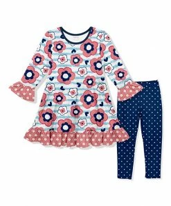 Wholesale 🛒 Budget ✨ Penelope Plumm Pink & Blue Stripe Floral Ruffle-Trim Shift 👗 👗 Dress & Navy Leggings - Toddler & 👧 Girls ✨ ❤️