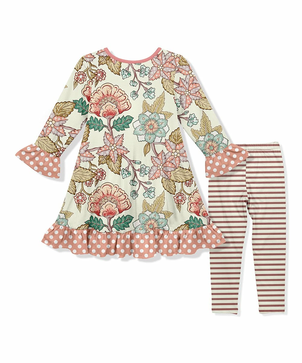 Outlet โ๏ธ Budget โ๏ธ Penelope Plumm Ecru & Teal Floral Ruffle-Trim Shift ๐ ๐ Dress & Stripe Leggings - Toddler & ๐ง Girls ๐ โ๏ธ - Image 2