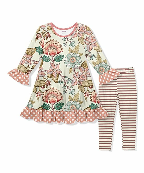 Outlet โ๏ธ Budget โ๏ธ Penelope Plumm Ecru & Teal Floral Ruffle-Trim Shift ๐ ๐ Dress & Stripe Leggings - Toddler & ๐ง Girls ๐ โ๏ธ