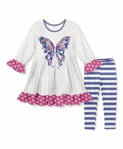 Brand new ⌛ Deals 🧨 Penelope Plumm White Butterfly Ruffle-Trim Shift 👗 👗 Dress & Navy Stripe Leggings - Toddler & 👧 Girls 🎁 🎉