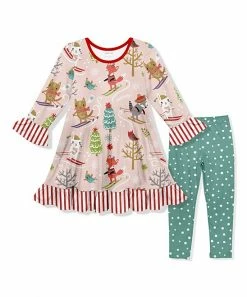Deals 😉 Coupon 🌟 Penelope Plumm Pink Winter Animal Ruffle-Trim Shift 👗 👗 Dress & Green Dot Leggings - Toddler & 👧 Girls 😍 ✨