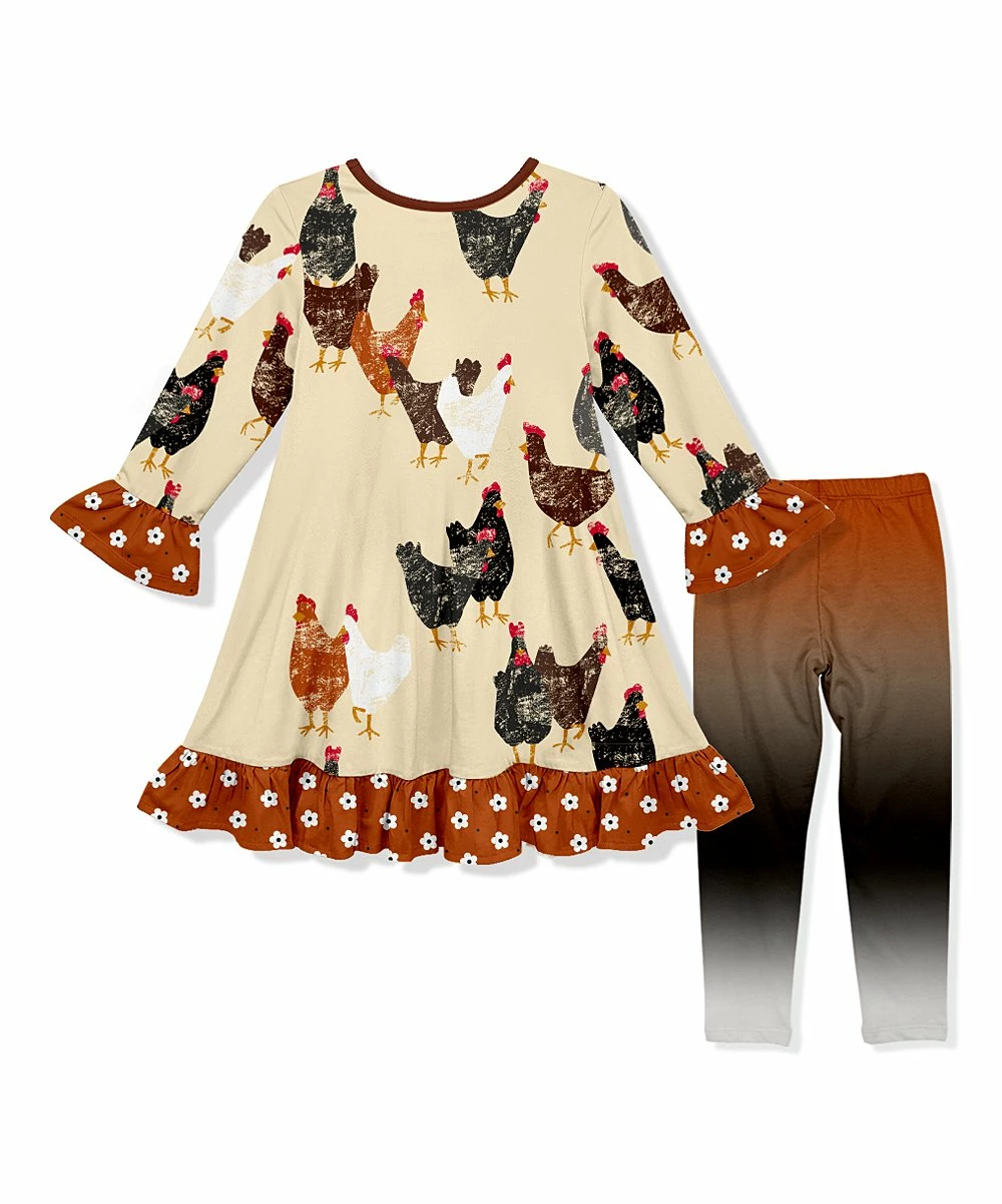Coupon ๐ Brand new โ๏ธ Penelope Plumm Light Yellow Chickens Ruffle-Trim Shift ๐ ๐ Dress & Brown Gradient Leggings - Toddler & ๐ง Girls ๐ โค๏ธ - Image 2