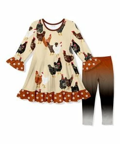 Coupon ๐ Brand new โ๏ธ Penelope Plumm Light Yellow Chickens Ruffle-Trim Shift ๐ ๐ Dress & Brown Gradient Leggings - Toddler & ๐ง Girls ๐ โค๏ธ