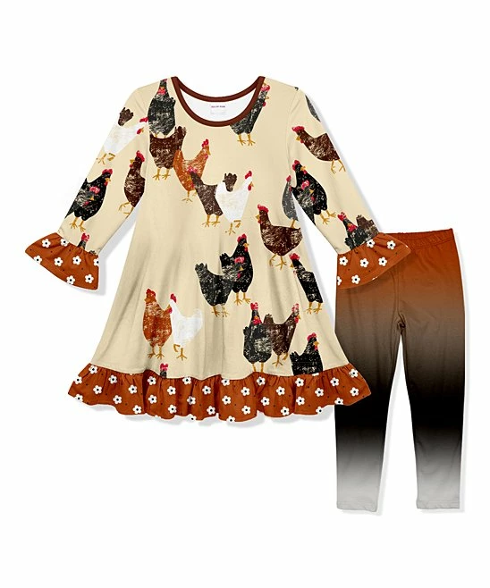 Coupon ๐ Brand new โ๏ธ Penelope Plumm Light Yellow Chickens Ruffle-Trim Shift ๐ ๐ Dress & Brown Gradient Leggings - Toddler & ๐ง Girls ๐ โค๏ธ