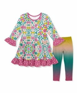 Top 10 🧨 Top 10 🧨 Penelope Plumm Pink Floral Ruffle-Trim A-Line 👗 👗 Dress & Teal Ombré Pants - Toddler & 👧 Girls 🎁 🥰