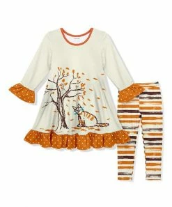 Promo ⌛ Best Pirce 😀 Penelope Plumm Ecru Tree Cat Ruffle-Trim A-Line 👗 👗 Dress & Stripe Pants - Toddler & 👧 Girls ✔️ 🔔