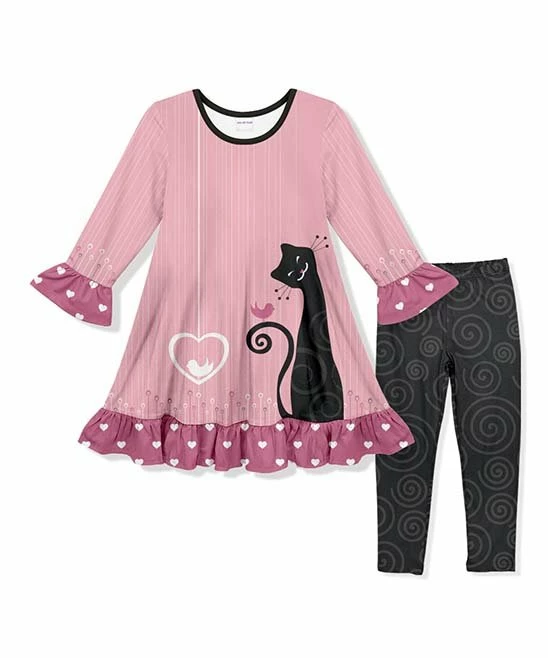 Best Sale โจ Cheap ๐งจ Penelope Plumm Pink Heart Cat Ruffle-Trim A-Line ๐ ๐ Dress & Dark Gray Spiral Pants - Toddler & ๐ง Girls ๐ ๐