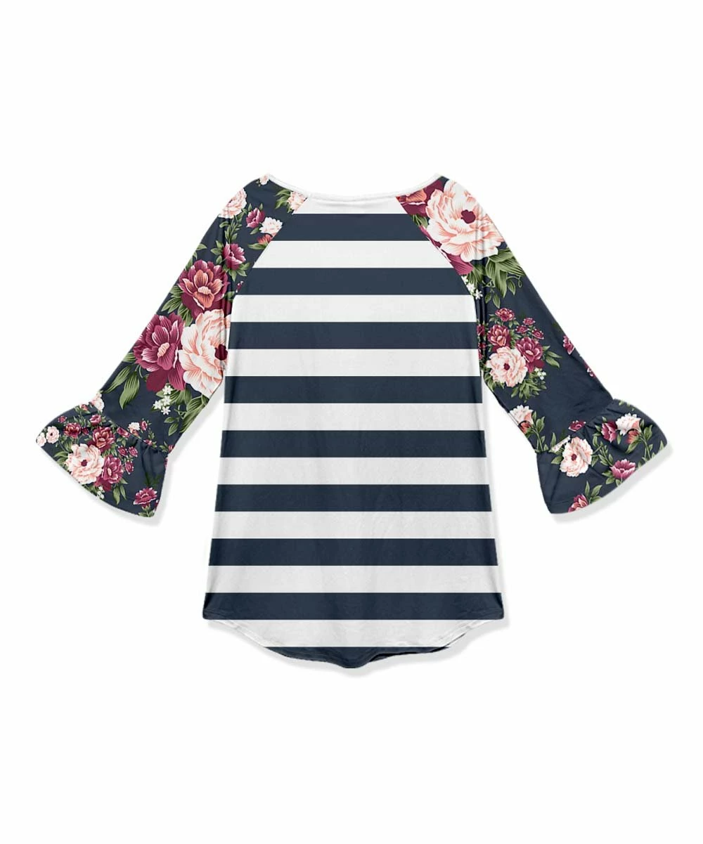 Best Sale โค๏ธ Outlet ๐งจ Penelope Plumm Navy & Pink Floral Stripe Ruffle-Accent Raglan Tunic - ๐ง Girls ๐ ๐ - Image 2