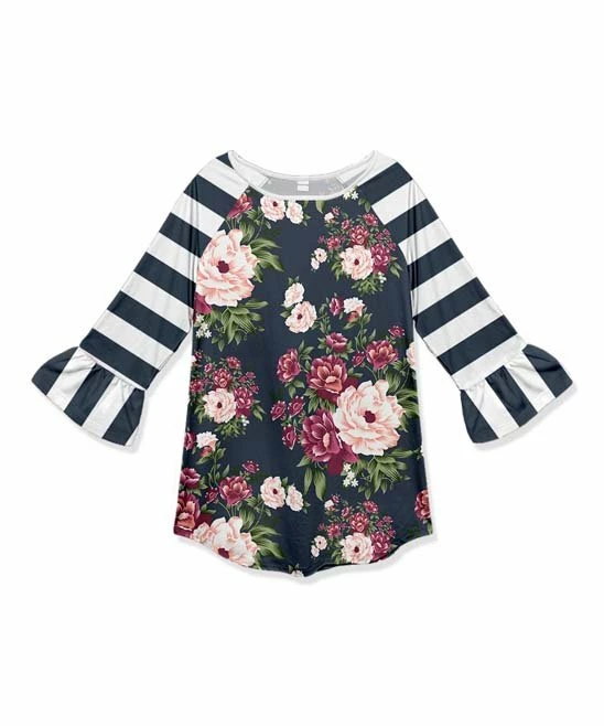 Best Sale โค๏ธ Outlet ๐งจ Penelope Plumm Navy & Pink Floral Stripe Ruffle-Accent Raglan Tunic - ๐ง Girls ๐ ๐