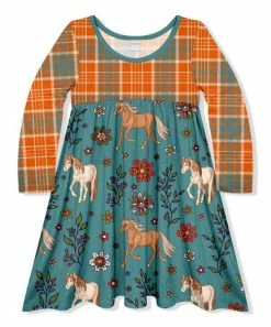 Brand new 🛒 Hot Sale 🧨 Penelope Plumm Teal & Orange Horse Plaid Babydoll 👗 👗 Dress - Toddler & 👧 Girls 👍 🤩