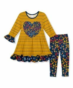 Flash Sale โค๏ธ Wholesale ๐ Penelope Plumm Yellow & Navy Leaf Heart Ruffle-Trim Shift ๐ ๐ Dress & Pants - Toddler & ๐ง Girls ๐ โ