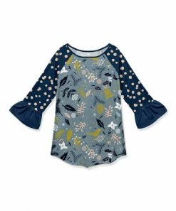Wholesale 🎁 Deals ✔️ Penelope Plumm Steel Blue & Blush Bell Floral Ruffle-Accent Raglan Tunic - Toddler & 👧 Girls ⭐ 🌟