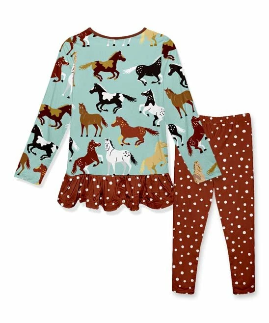 Brand new ๐ Outlet ๐ฅ Penelope Plumm Sky Blue Horses Ruffle Hi-Low Tunic & Brown Polka Dot Bow Pants - Toddler & ๐ง Girls ๐ ๐คฉ - Image 2