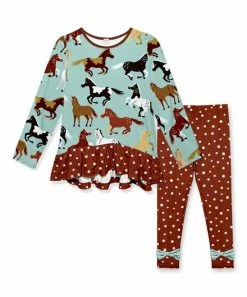 Brand new ๐ Outlet ๐ฅ Penelope Plumm Sky Blue Horses Ruffle Hi-Low Tunic & Brown Polka Dot Bow Pants - Toddler & ๐ง Girls ๐ ๐คฉ