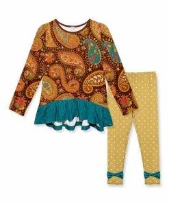 Buy ⌛ Best Pirce 🛒 Penelope Plumm Brown Paisley Ruffle Hi-Low Tunic & Yellow Dots Bow Pants - Toddler & 👧 Girls 😍 ✔️
