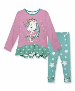 Flash Sale ❤️ Discount ✔️ Penelope Plumm Lilac Unicorn Hearts Ruffle Hi-Low Tunic & Green Stars Bow Pants - Toddler & 👧 Girls ❤️ 😍