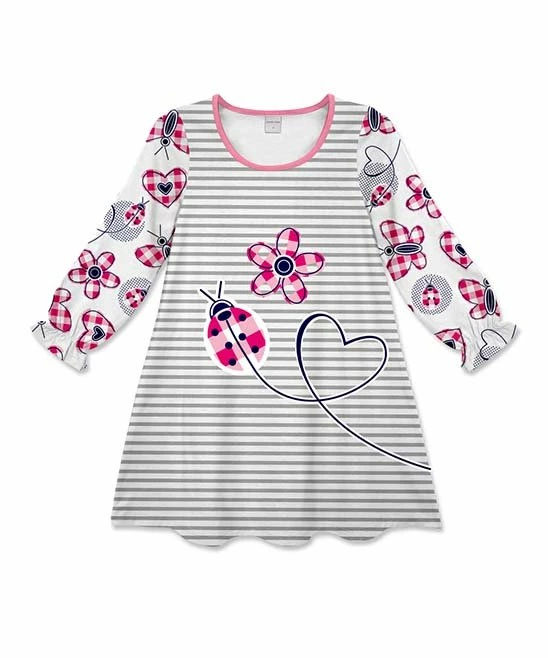 Promo โค๏ธ Coupon ๐ฅ Penelope Plumm Gray & Pink Stripe Floral Bishop-Sleeve Shift ๐ ๐ Dress - Toddler & ๐ง Girls ๐งจ ๐