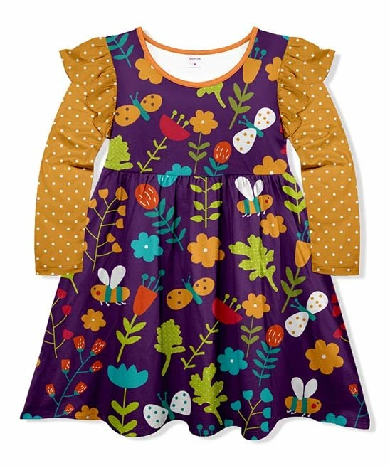 Brand new ๐ Best reviews of ๐ฏ Penelope Plumm Dark Purple & Golden Floral Butterfly Ruffle Angel-Sleeve ๐ ๐ Dress - Toddler & ๐ง Girls ๐ ๐