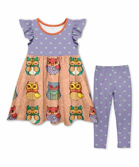 Best Pirce โ Top 10 ๐คฉ Penelope Plumm Purple & Mint Heart Owls Angel-Sleeve ๐ ๐ Dress & Hearts Leggings โ โ๏ธ