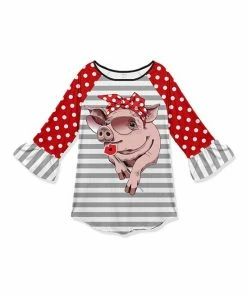 Budget 😍 Wholesale 💯 Penelope Plumm Gray & White Stripe Pig Ruffle Raglan Tunic - Toddler & 👧 Girls ⭐ 🎉