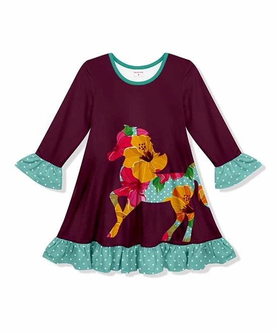 Budget ๐ Coupon ๐ Penelope Plumm Burgundy & Teal Horse Ruffle-Trim Shift ๐ ๐ Dress - Toddler & ๐ง Girls ๐ ๐