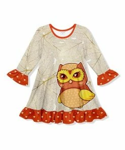 New 🥰 Buy 😀 Penelope Plumm Cream & Orange Owl Leaves Ruffle-Trim Shift 👗 👗 Dress - Toddler & 👧 Girls 😍 🌟
