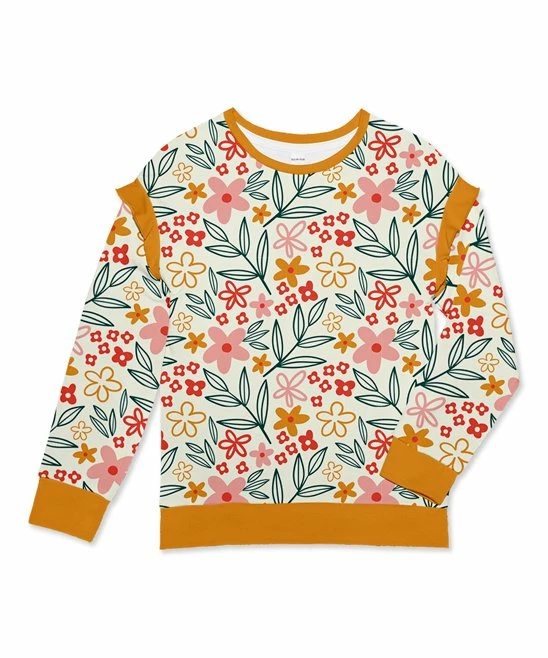 Best Sale ๐ New ๐ Penelope Plumm Orange & Ecru Floral Ruffle-Accent Sweater - Toddler & ๐ง Girls ๐งจ ๐