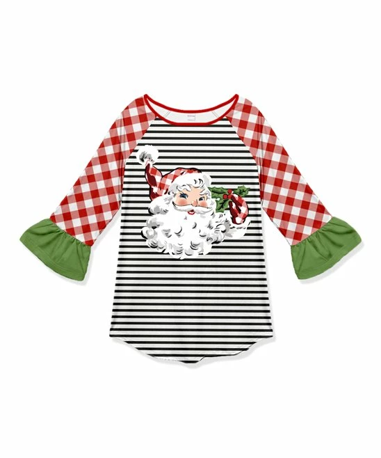 Best deal ๐ Brand new ๐ Penelope Plumm Red & Black Checkerboard & Stripe Santa Ruffle Raglan Tunic - ๐ง Girls ๐ โ๏ธ
