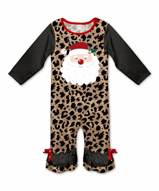 Coupon ❤️ Outlet 👏 Penelope Plumm Black Leopard Santa Ruffle-Hem Playsuit - Infant 🛒 🌟