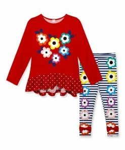 Buy ๐ Cheapest โญ Penelope Plumm Red Floral Pin Dot Ruffle Tunic & Black Stripe Floral Bow Leggings - Toddler & ๐ง Girls ๐ โค๏ธ