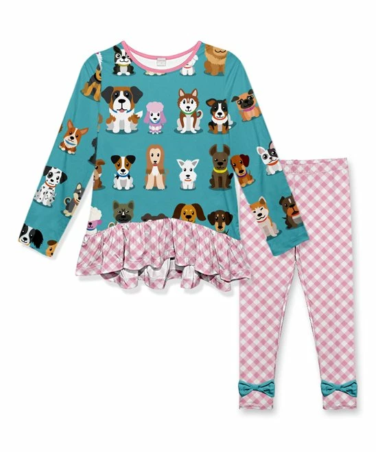 Budget ๐ฏ Flash Sale ๐ Penelope Plumm Turquoise ๐ถ ๐ Dogs Ruffle Tunic & Pink Gingham Bow Leggings - Toddler & ๐ง Girls ๐งจ โค๏ธ