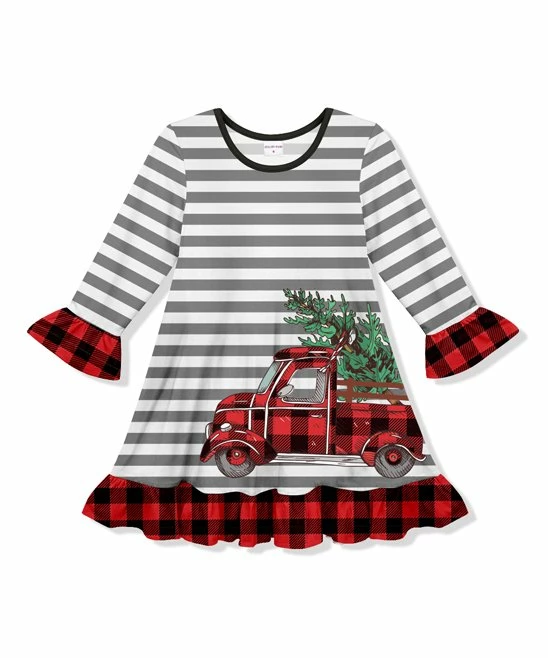 Brand new ๐ Best reviews of ๐ Penelope Plumm Gray Stripe Tree & Truck Ruffle-Hem A-Line ๐ ๐ Dress - ๐ง Girls โจ ๐คฉ