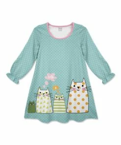 Best Pirce ✔️ Cheapest ✨ Penelope Plumm Sea Green Pin Dot Cats Bishop-Sleeve Shift 👗 👗 Dress - Toddler & 👧 Girls 🤩 😍