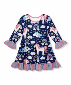 Wholesale ✔️ Wholesale ✨ Penelope Plumm Navy & Blue Stripe Clouds Unicorn Ruffle-Trim Shift 👗 👗 Dress - Toddler & 👧 Girls 🔥 🤩