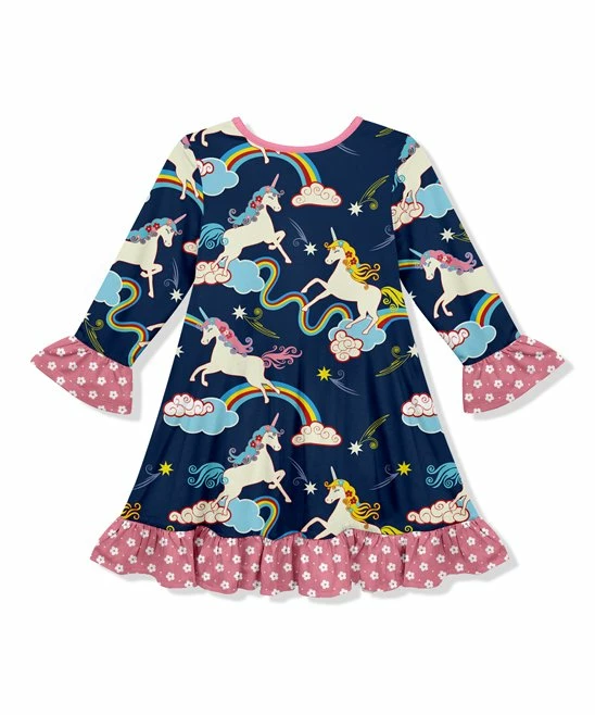 Cheapest โญ Top 10 ๐คฉ Penelope Plumm Navy & Pink Rainbows & Unicorns Ruffle-Trim Shift ๐ ๐ Dress - Toddler & ๐ง Girls ๐ ๐ - Image 2