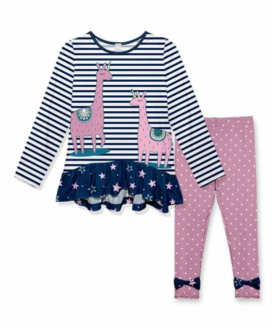 Outlet โ๏ธ Flash Sale ๐ Penelope Plumm Dark Navy Stripe Unicorn Ruffle-Hem Tunic & Taffy Pink Dot Bow Pants - Toddler & ๐ง Girls ๐คฉ โจ