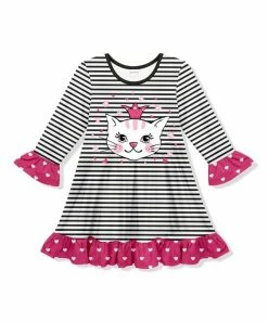 Buy ๐ Deals โ Penelope Plumm White & Black Heart Stripe Crown Cat Ruffle-Trim Shift ๐ ๐ Dress - Toddler & ๐ง Girls โ๏ธ ๐