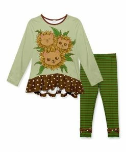 New 🤩 Best Pirce 💯 Penelope Plumm Green Flower Cats Long-Sleeve Tunic & Stripe Bow-Accent Leggings - Toddler & 👧 Girls 😀 🌟